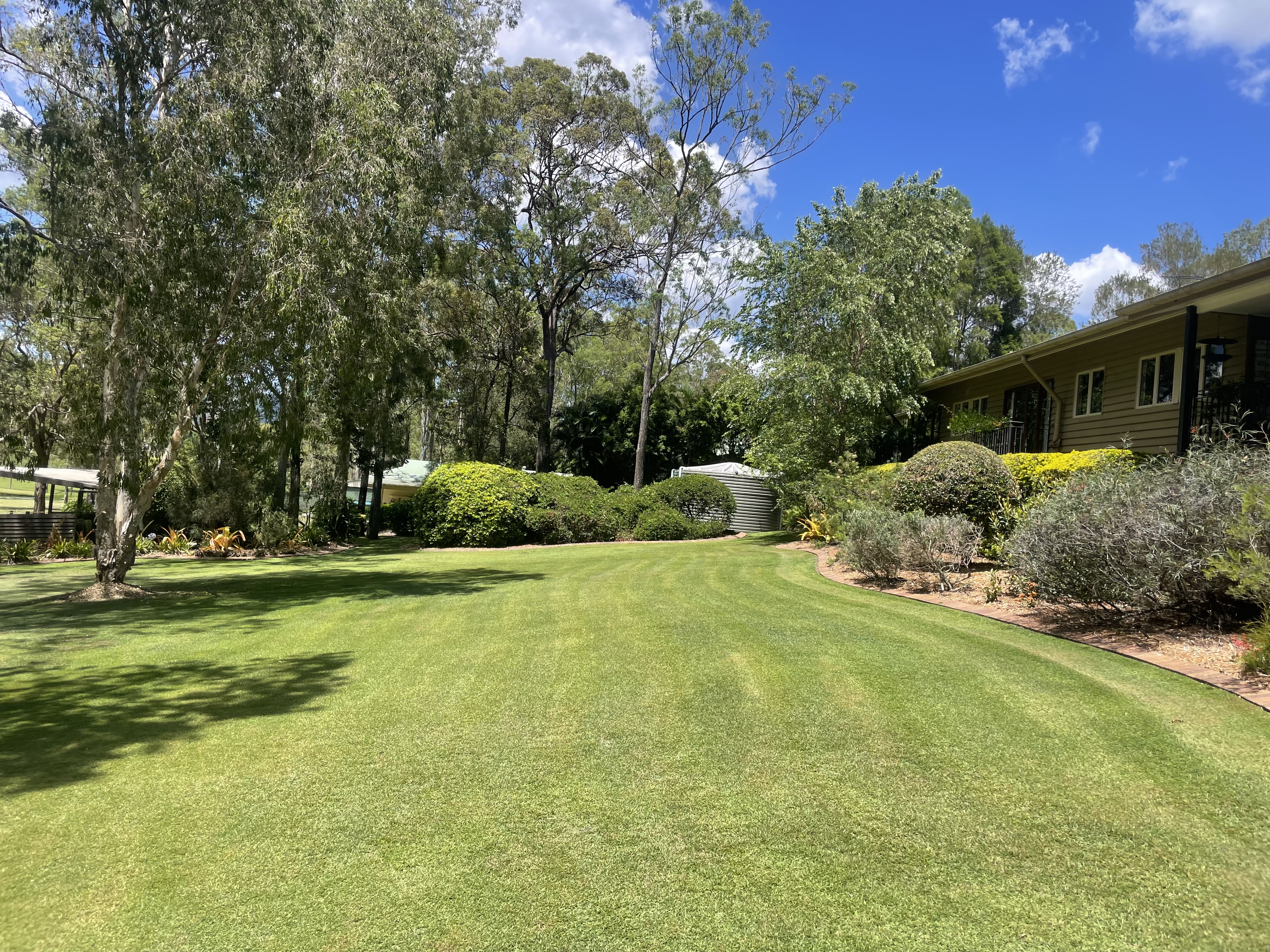 Beautifully striped freshly mowed lawn with lush gardens and blue sky